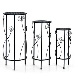 3 Pieces Metal Plant Stand Set with Crystal Floral Accents Round-Black - Free Shipping 