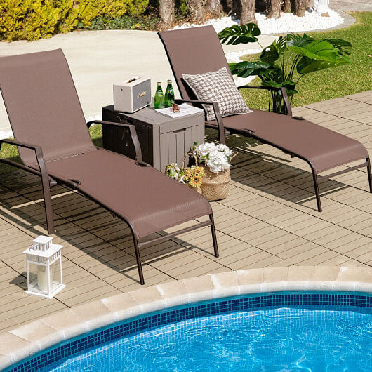 2 Pieces Patio Folding Chaise Lounge Chair Set with Adjustable Back-Brown - Free Shipping 