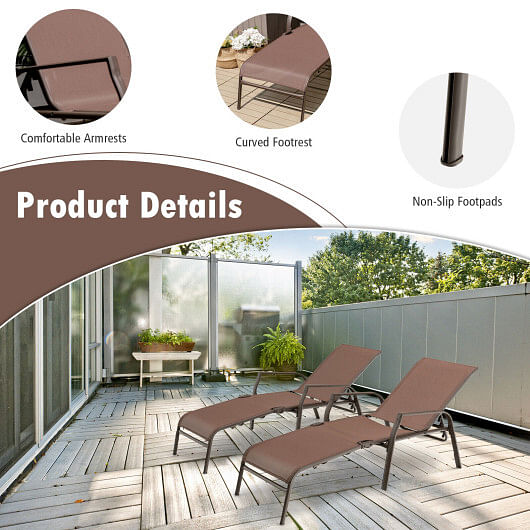 2 Pieces Patio Folding Chaise Lounge Chair Set with Adjustable Back-Brown - Free Shipping 