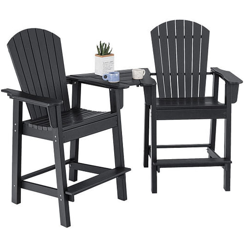 2 Pieces HDPE Tall Adirondack Chair with Middle Connecting Tray-Black - Free Shipping 