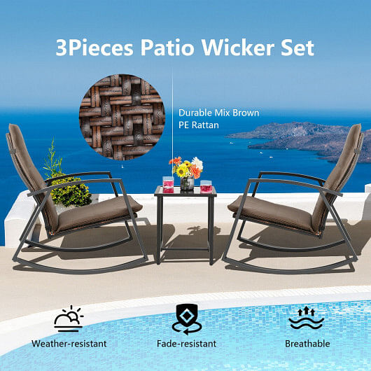 3 Pieces Patio Rattan Rocking Furniture Set-Brown - Free Shipping 