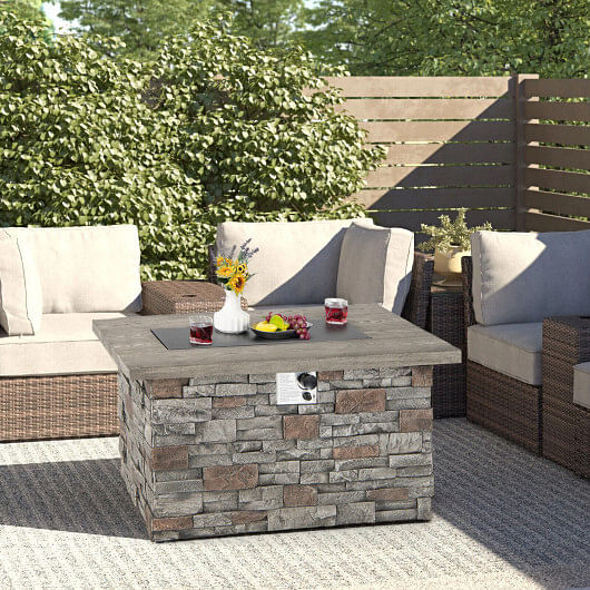 43.5 Inch Rectangle Faux Stone Propane Gas Fire Pit Table with Lava Rock and PVC Cover-Gray - Free Shipping 