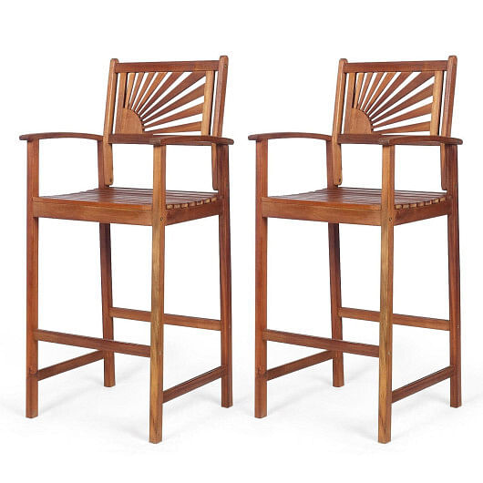 2 Pieces Outdoor Acacia Wood Bar Chairs with Sunflower Backrest and Armrests - Free Shipping 
