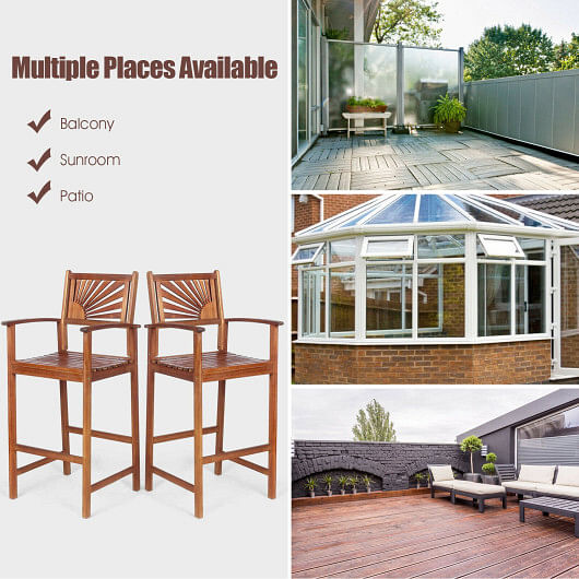2 Pieces Outdoor Acacia Wood Bar Chairs with Sunflower Backrest and Armrests - Free Shipping 