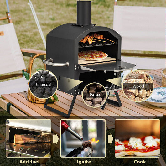 Outdoor Pizza Oven with Anti-scalding Handles and Foldable Legs-Black - Free Shipping 