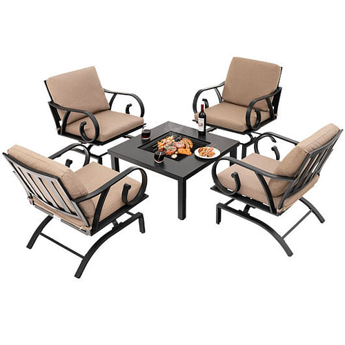 5 Pieces Patio Rocking Chairs and 4-in-1 Fire Pit Table with Fire Poker - Free Shipping 