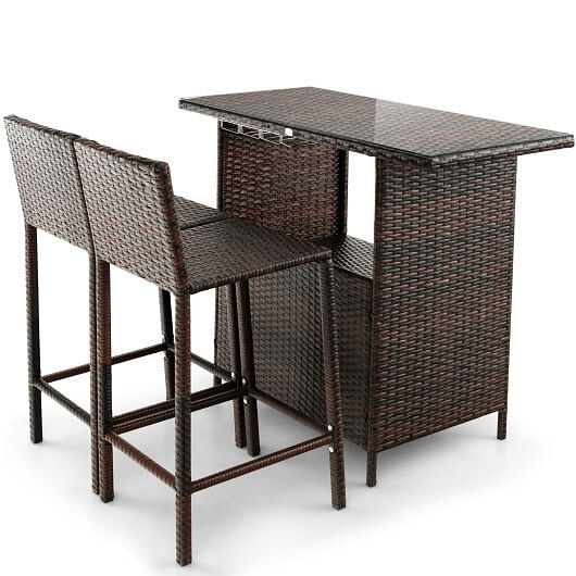 3 Pieces Outdoor Wicker Bar Set with 3 Rows Stemware Racks - Free Shipping 