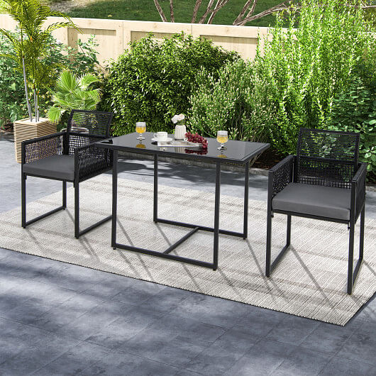 3 Pieces Outdoor Dining Set with Folding Backrest and Seat Cushions-Black - Free Shipping