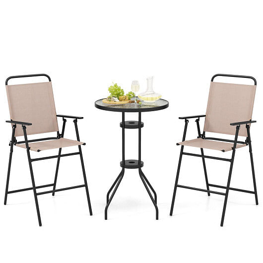 3 Pieces Outdoor Bistro Set with 2 Folding Chairs-Beige - Free Shipping 