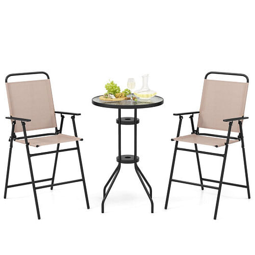 3 Pieces Outdoor Bistro Set with 2 Folding Chairs-Beige - Free Shipping 