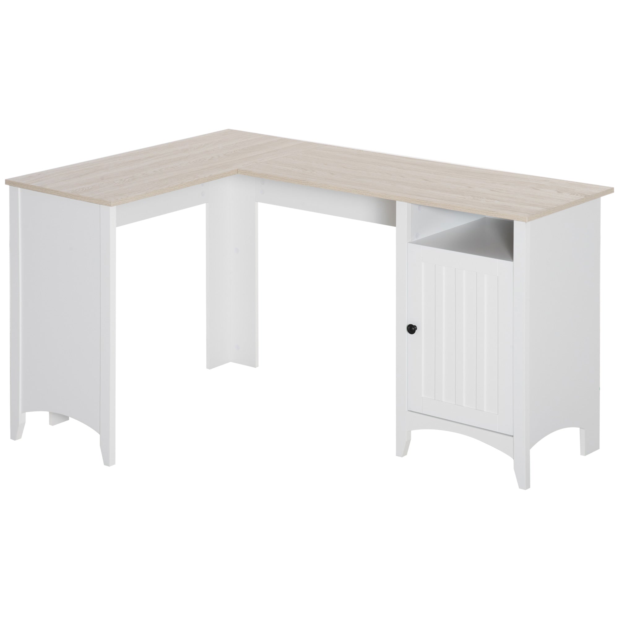 HOMCOM L-Shaped Desk for Home Office Spacious Corner Computer Desk with Shelf & Cabinet Modern Workstation in Natural Wood & White 