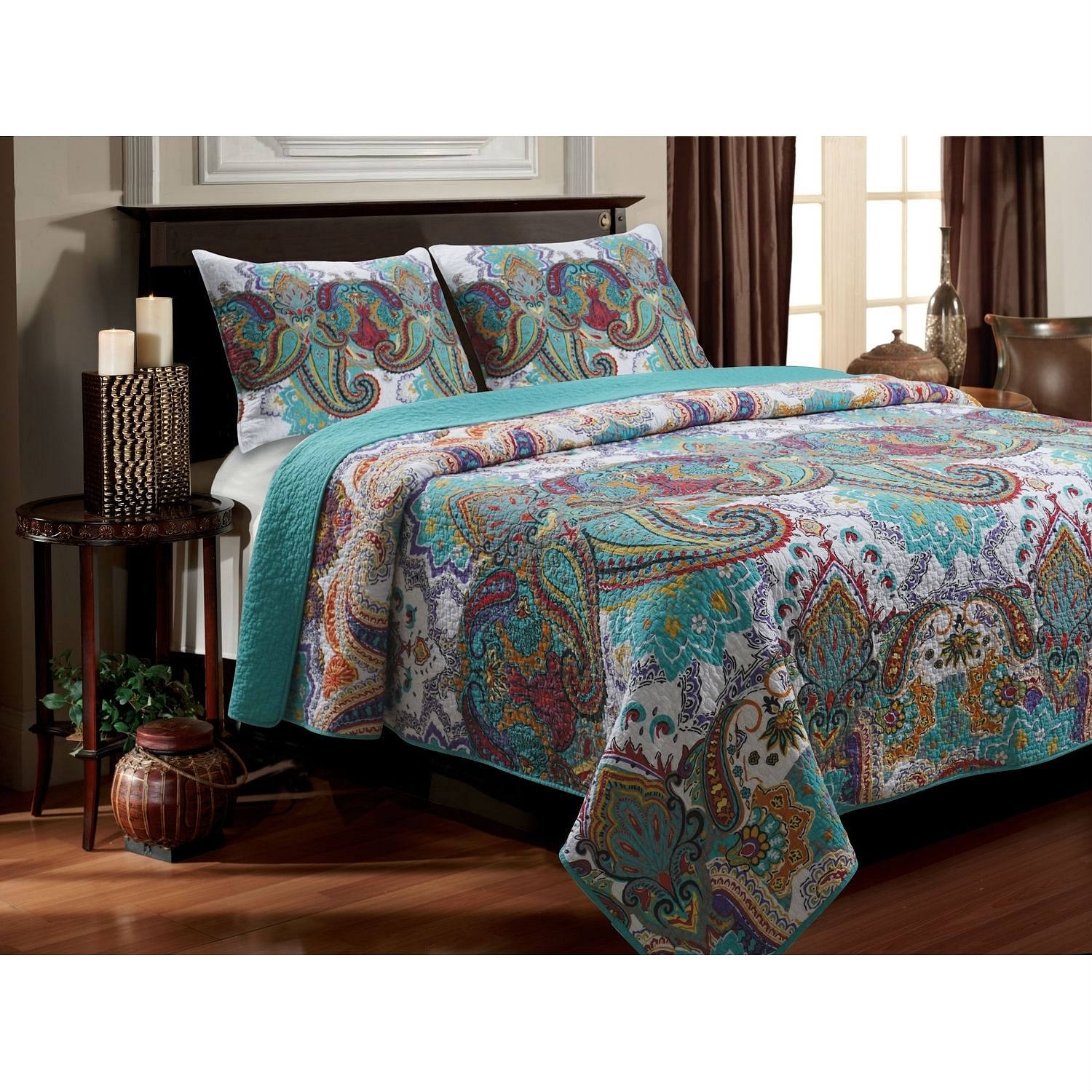 Twin size 3-Piece Cotton Quilt Set in Teal Multi-Color Paisley Pattern - Free Shipping 