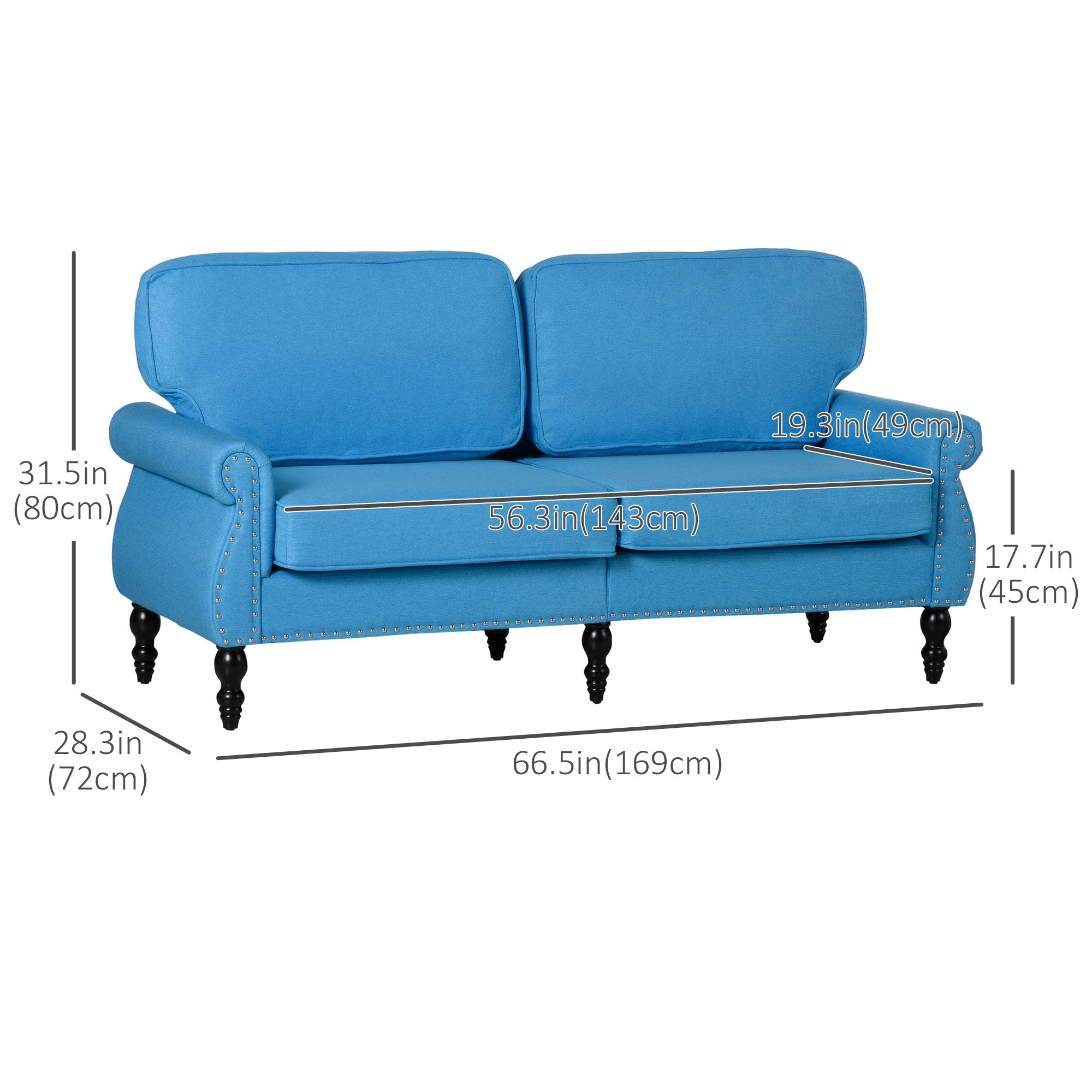 HOMCOM Traditional Style Double Sofa with Sponge Padding and Rubber Wood Leg, 2 Seater Nail Head Accent Loveseat, Light Blue 