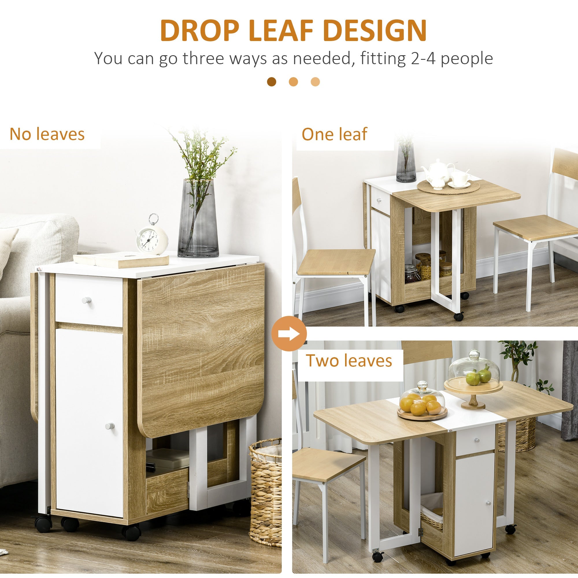 HOMCOM Foldable Dining Table for Small Spaces with Drawers Cabinet Caster Wheels Oak Movable Drop Leaf 
