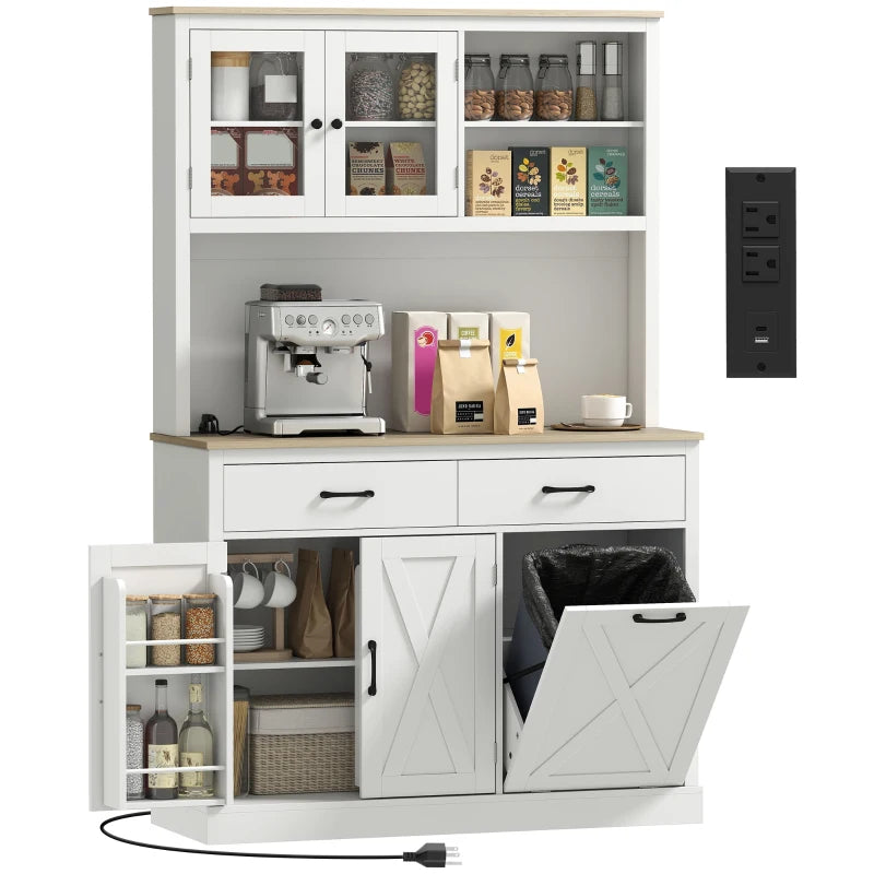 69" Kitchen Pantry Cabinet with Charging Station Kitchen Cabinet with Microwave Stand 7 Gallon Trash Can Cabinet White
