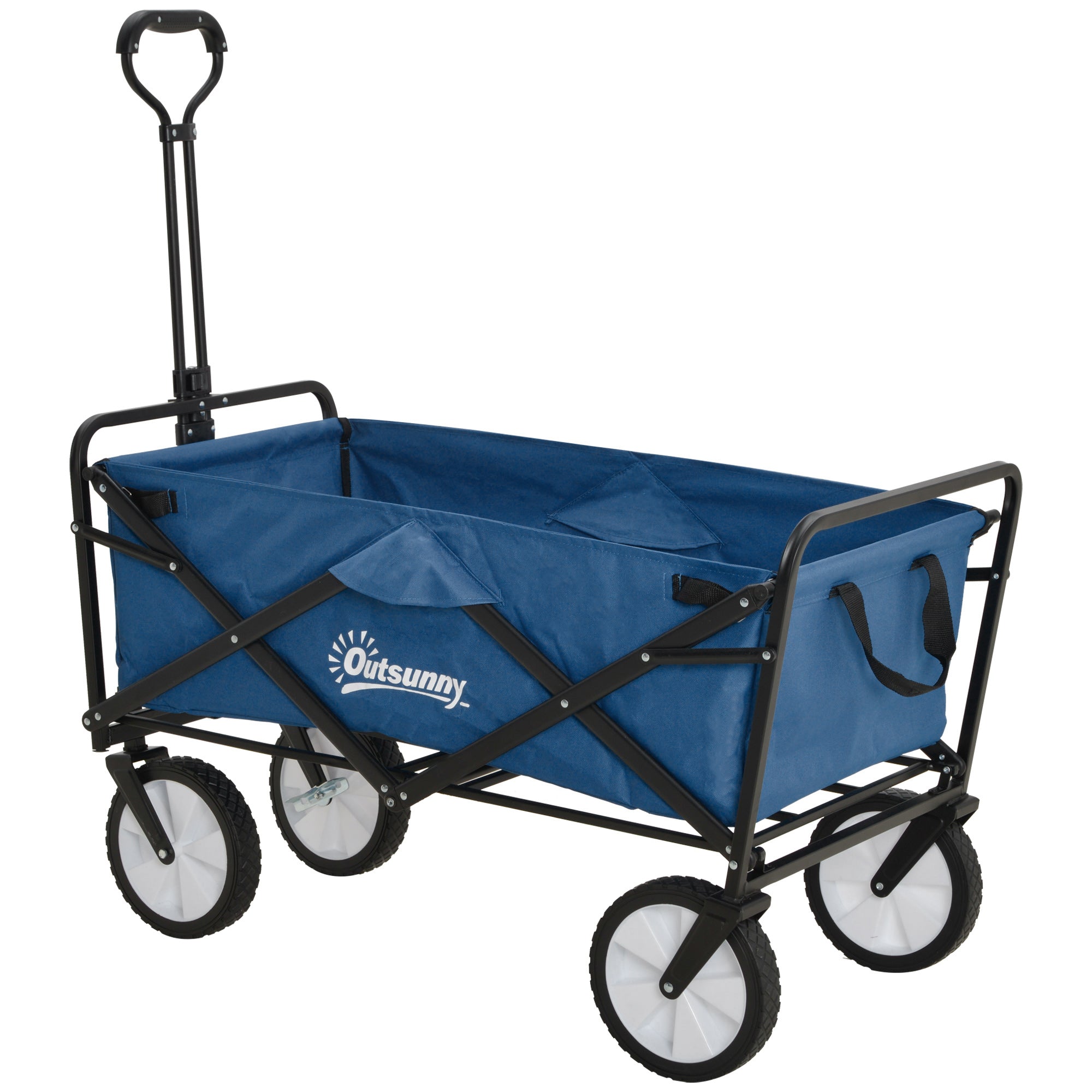Outsunny Folding Wagon Cart Collapsible Camping Trolley Garden Heavy Duty Shopping Cart with Navy Blue 