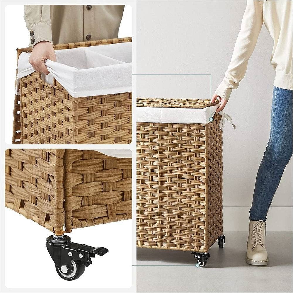 Handwoven PP Wicker 3-Section Laundry Basket Cart with Cotton Liner on Wheels - Free Shipping