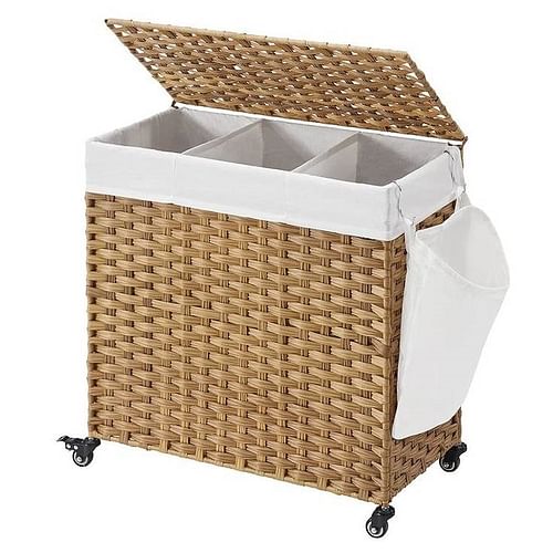 Handwoven PP Wicker 3-Section Laundry Basket Cart with Cotton Liner on Wheels - Free Shipping