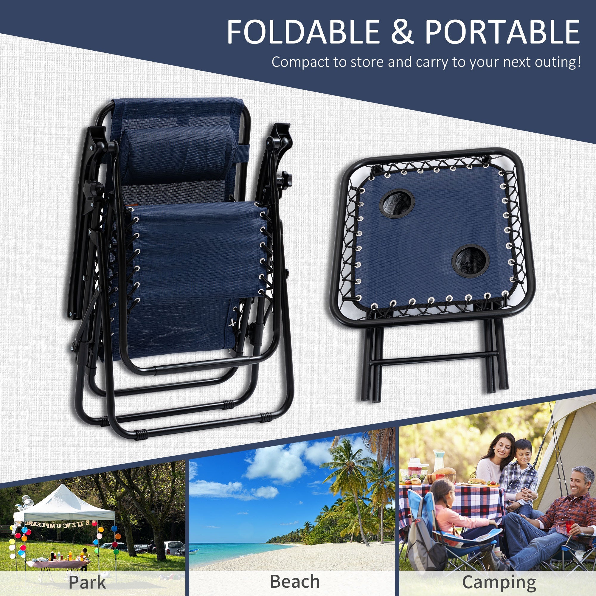 Outsunny Zero Gravity Chair Set of 2 Patio Chair with Side Table Cupholders and Pillows for Pool, Backyard, Lawn, Beach, Blue 