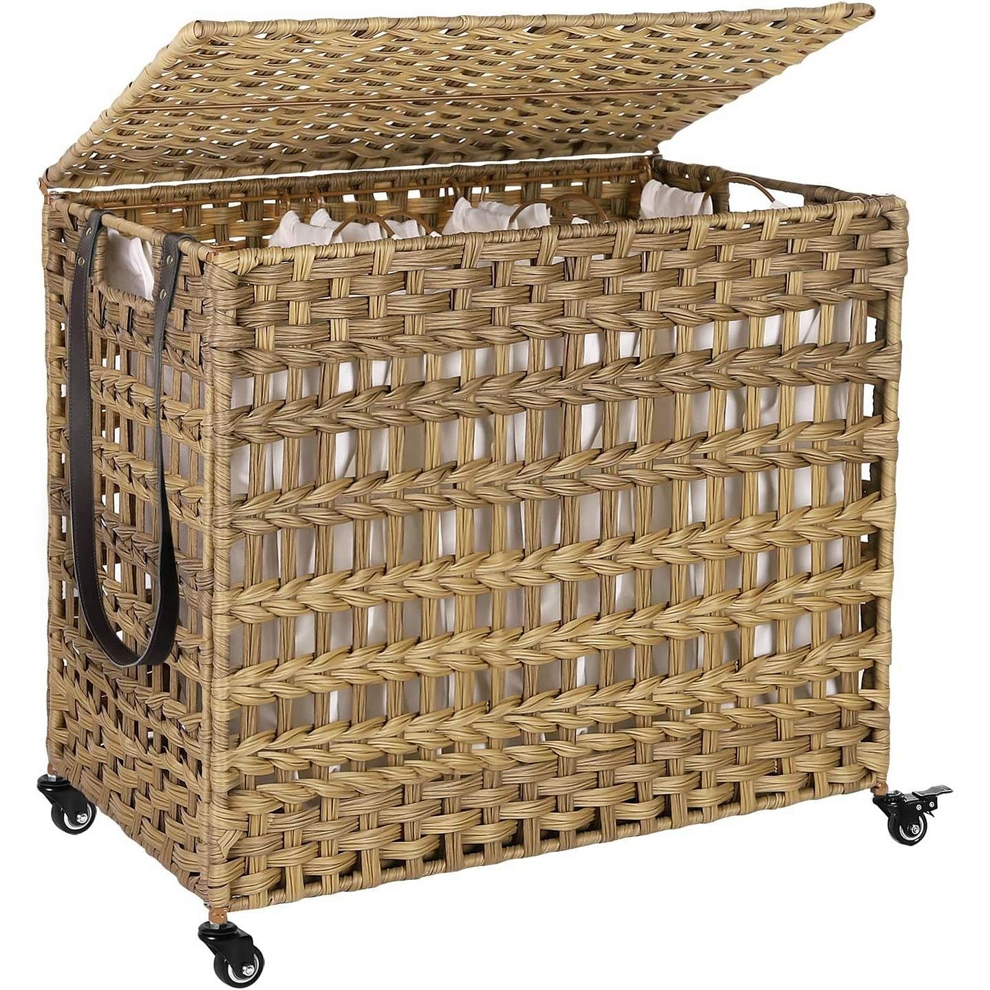 Tan PP Rattan 3-Basket Laundry Hamper Sorter Cart with Removable Cotton Bags - Free Shipping