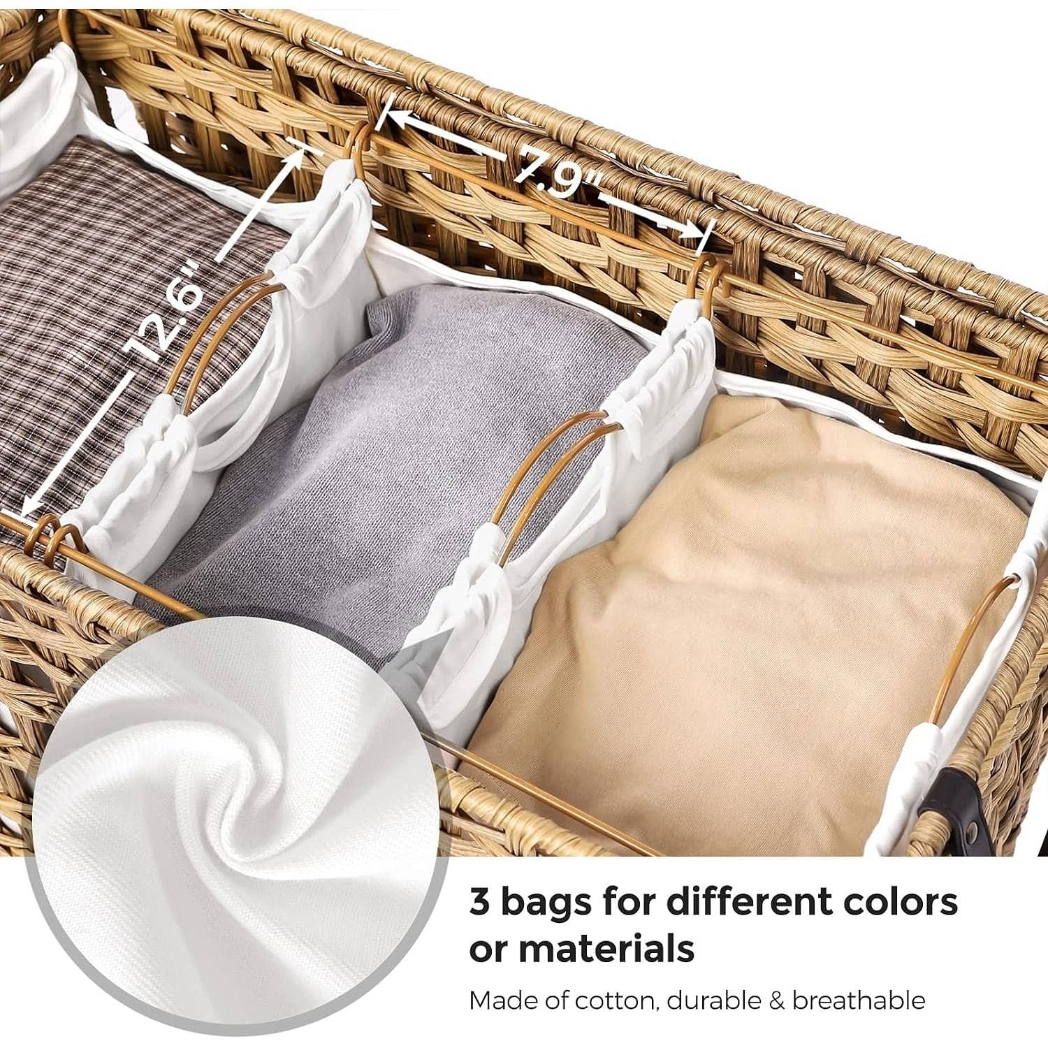 Tan PP Rattan 3-Basket Laundry Hamper Sorter Cart with Removable Cotton Bags - Free Shipping