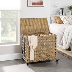 Tan PP Rattan 3-Basket Laundry Hamper Sorter Cart with Removable Cotton Bags - Free Shipping