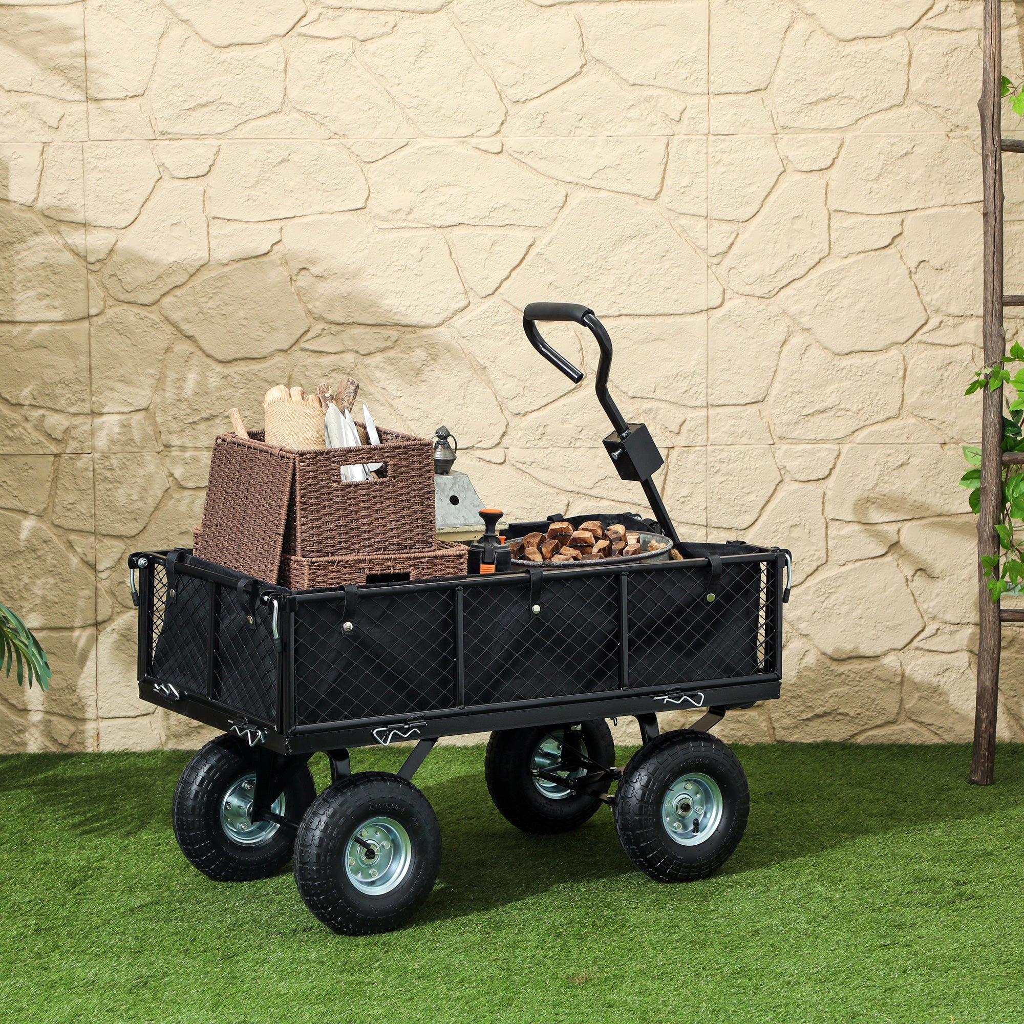 Outsunny Steel Garden Cart, Utility Wagon Cart with Removable Liner, Quick-Release Sides, 10" Wheels, 660lbs Capacity 