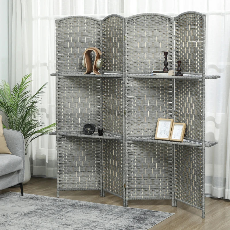 6 FT Privacy Screen, 4 Panel Room Divider with Shelves for Living Room Bedroom Home Office, Grey