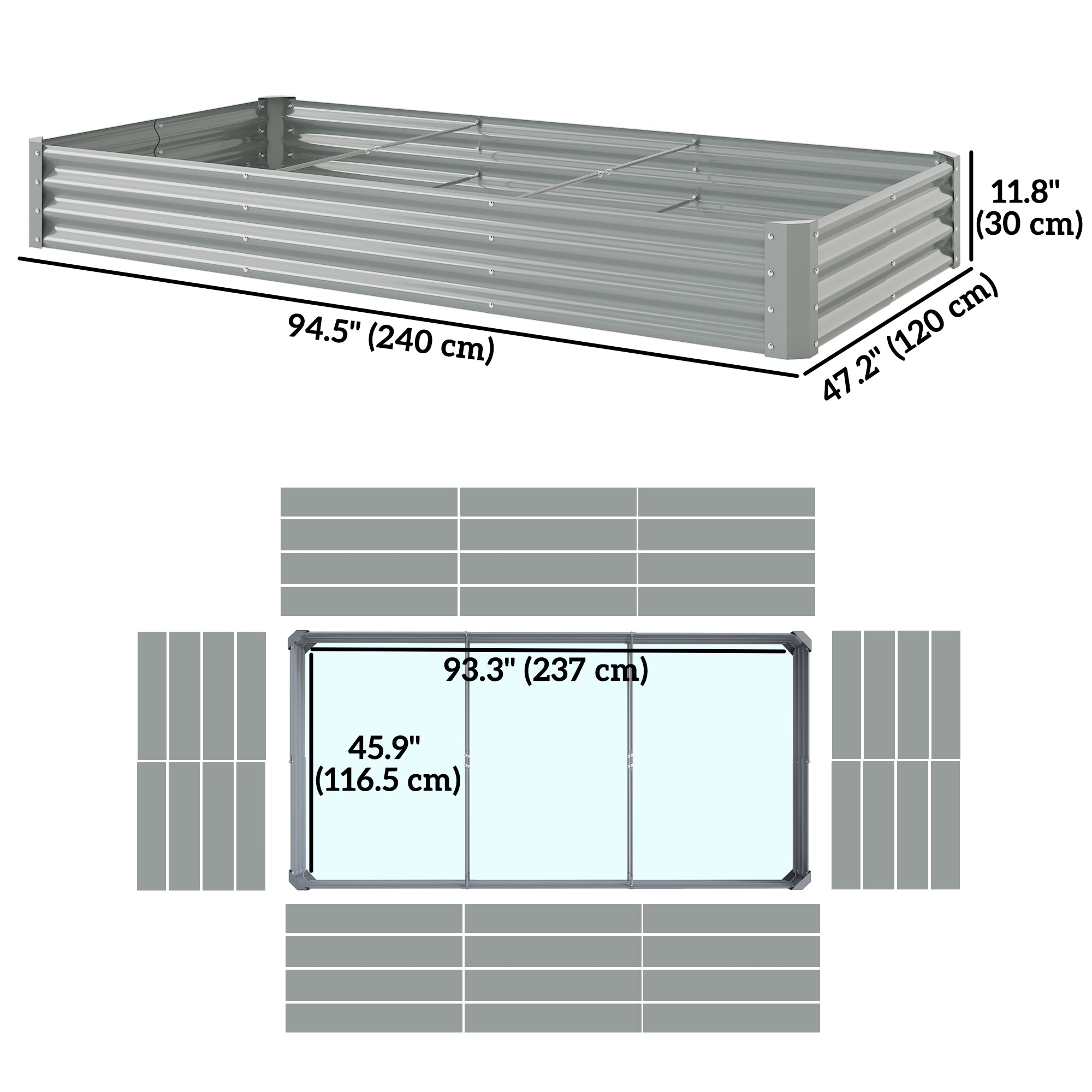 Outsunny 8 x 4 x 1ft Galvanized Raised Garden Bed, Reinforced Outdoor Planter Box with Open Bottom, Silver 