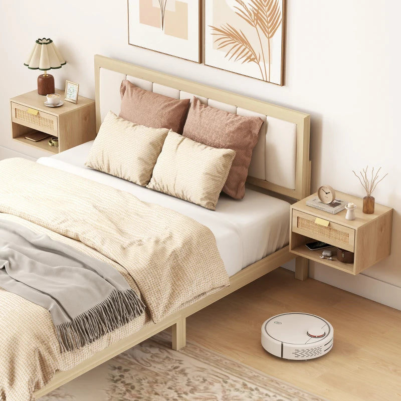 Floating Bedside Table Set of 2, Wall Mount Nordic Nightstands with Storage Drawer and Open Shelf for Bedroom, Oak