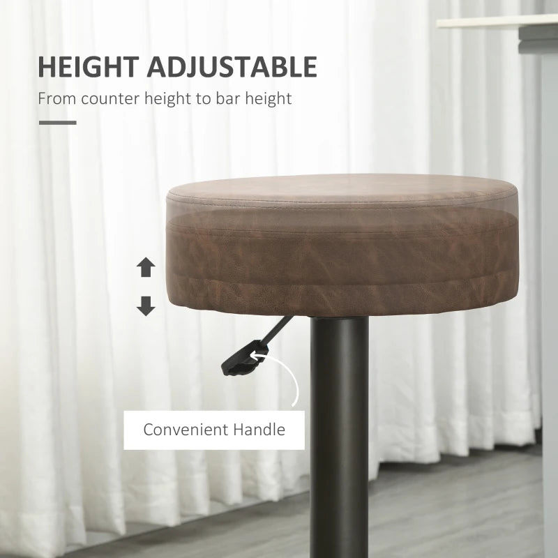 Modern Adjustable Bar Stools Set of 2, Swivel Barstool with Footrest, PU Leather Round Top for Kitchen, Brown