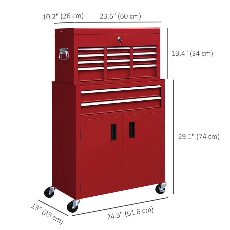 6-Drawer Rolling Tool Chest, 2 in 1 Lockable Storage Cabinet with Hooks, Metal Tool Box for Garage, Workshop, Red