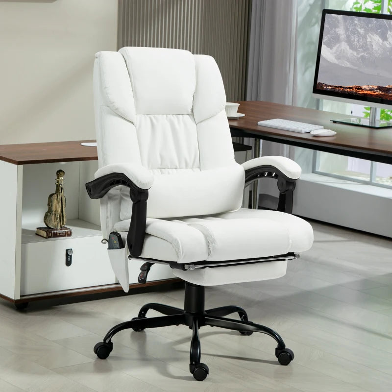 6-Point Vibration Massage Chair, Height Adjustable Reclining Computer Chair with Retractable Footrest, White