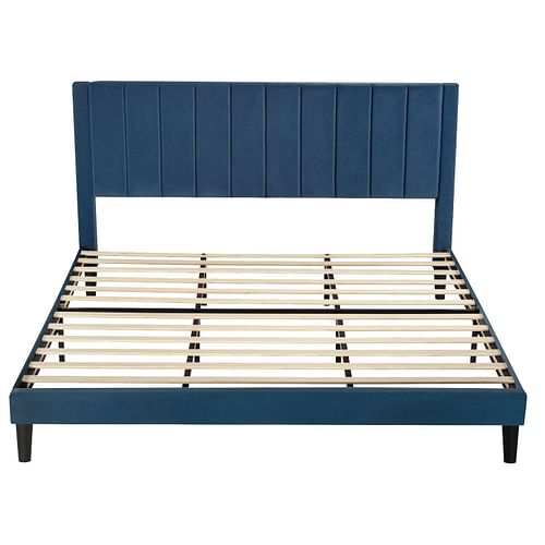 King size Modern Navy Blue Velvet Upholstered Platform Bed with Headboard - Free Shipping 