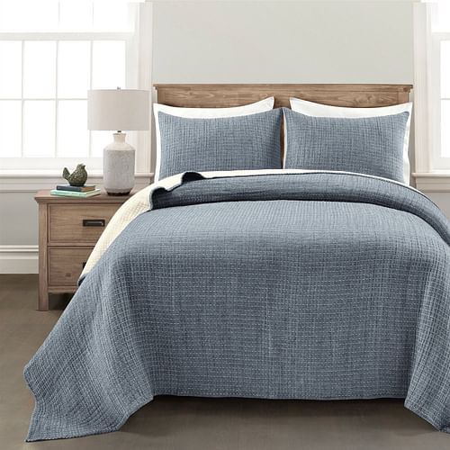 Full/Queen Size 3-Piece Reversible Woven Cotton Quilt Set in Navy Cream - Free Shipping