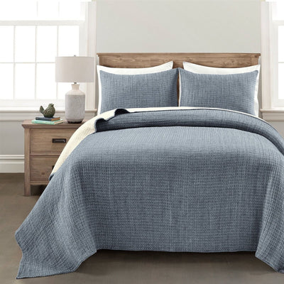 King Size 3-Piece Reversible Woven Cotton Quilt Set in Navy Cream - Free Shipping 