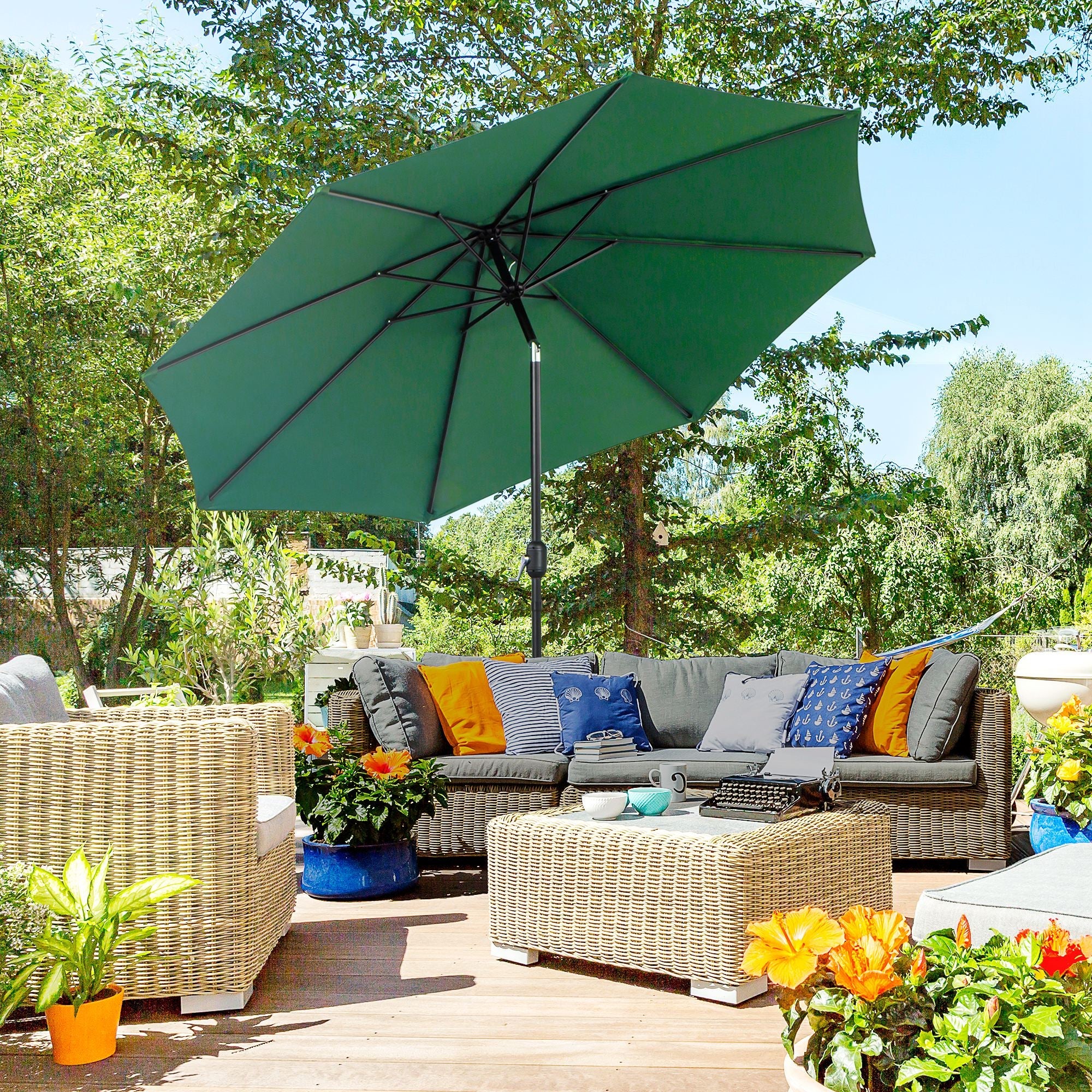 Outsunny Steel Frame Patio Parasol: 10'x 8' Round Market Garden Canopy for Outdoor, Green 