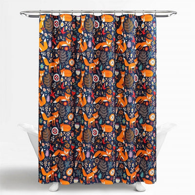 72-inch Navy Orange Teal Floral Fox Birds Polyester Shower Curtain - Free Shipping 