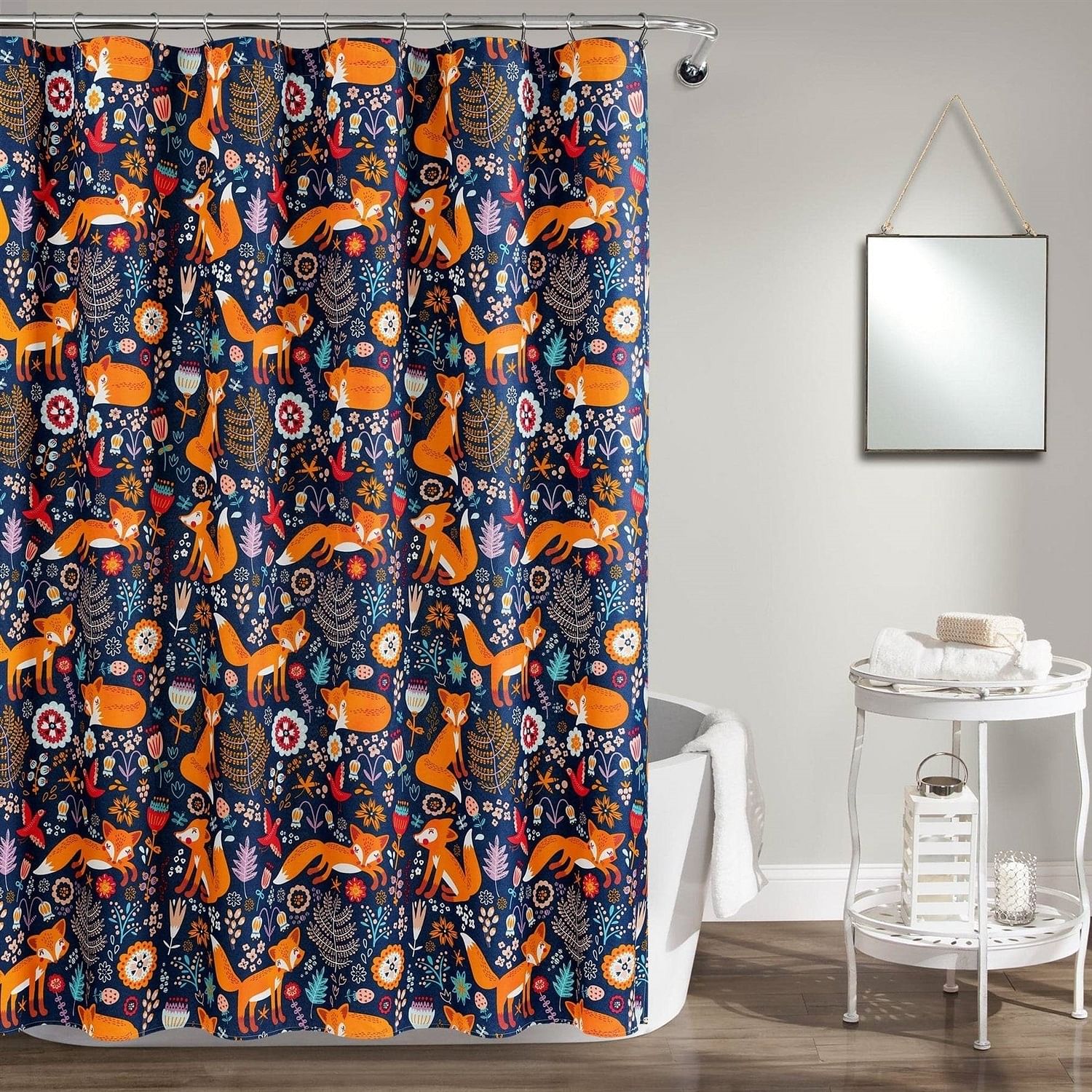 72-inch Navy Orange Teal Floral Fox Birds Polyester Shower Curtain - Free Shipping