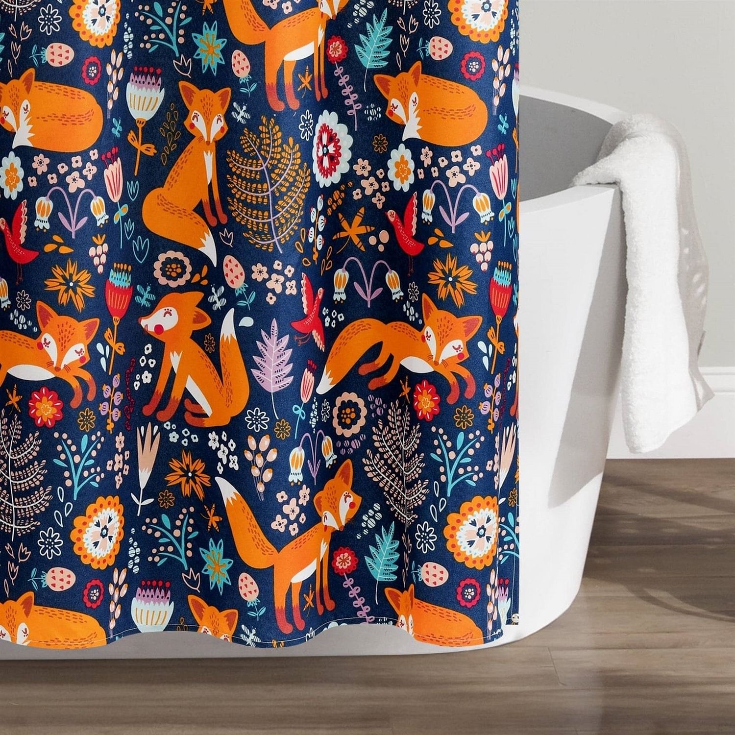 72-inch Navy Orange Teal Floral Fox Birds Polyester Shower Curtain - Free Shipping