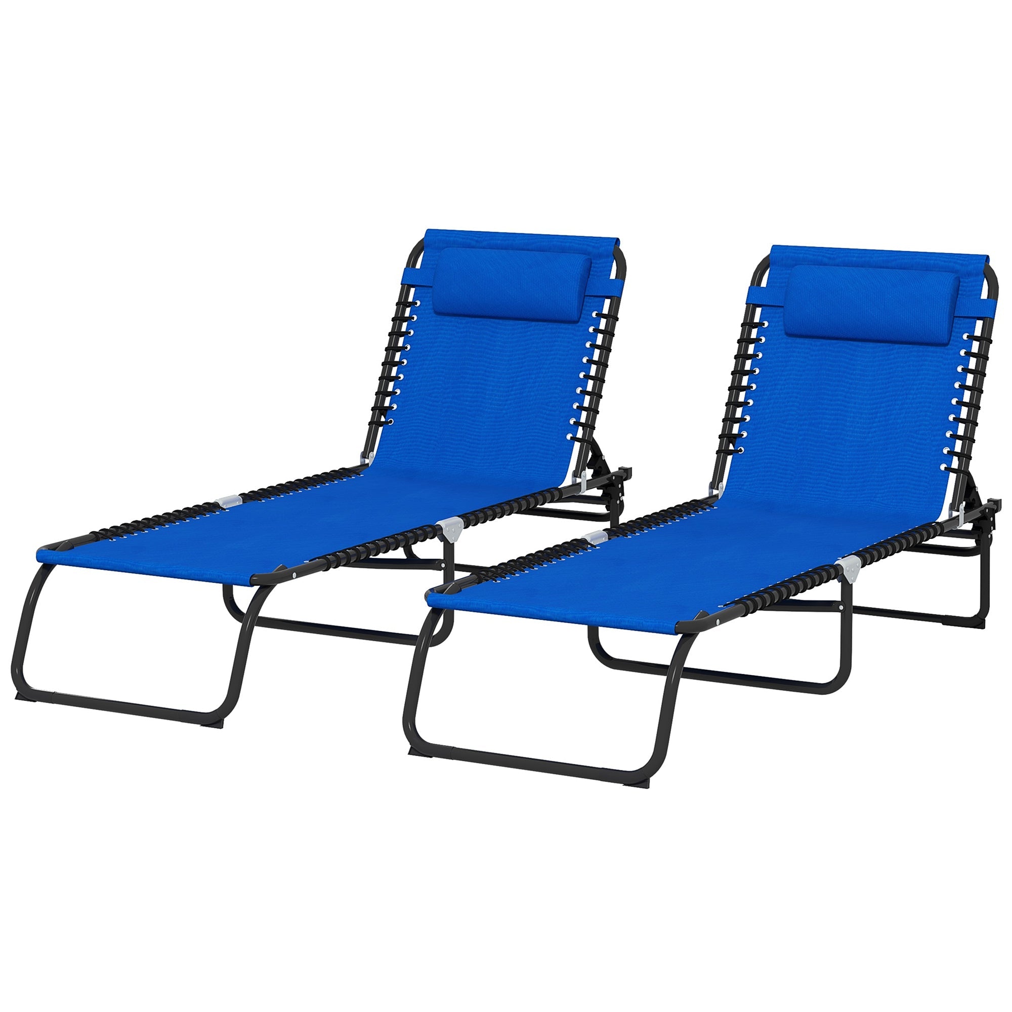Outsunny 2 PCs Folding Lounge Chairs, Adjustable Chaise Lounge with Headrest, Reclining Lounger Cot for Camping, Hiking, Blue 