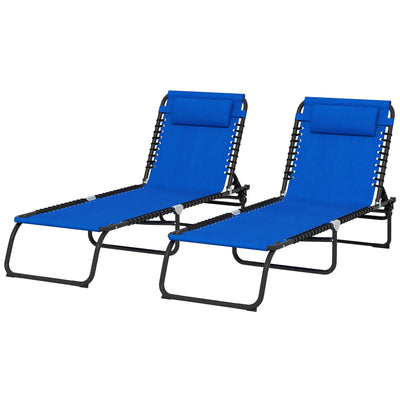 Outsunny 2 PCs Folding Lounge Chairs, Adjustable Chaise Lounge with Headrest, Reclining Lounger Cot for Camping, Hiking, Blue 