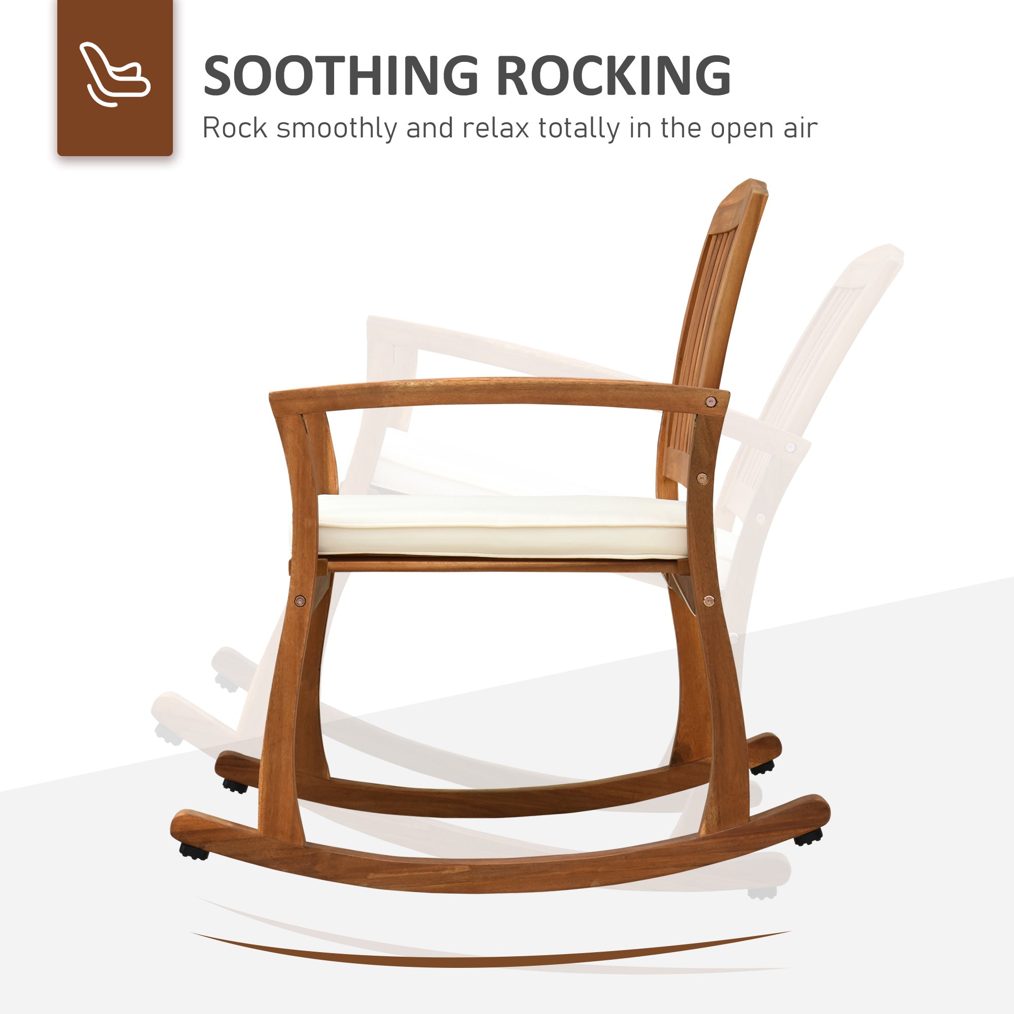 Outsunny Patio Rocking Chair, Indoor Outdoor Wooden Porch Rocker with Cushion for Deck, Balcony, Garden, Patio, Teak 