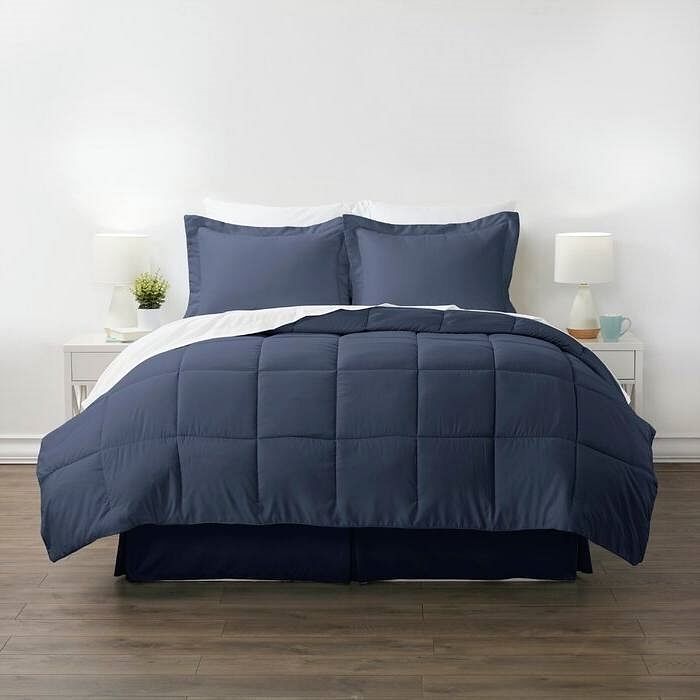 Twin XL Navy Microfiber Baffle-Box 6-Piece Reversible Bed-in-a-Bag Comforter Set - Free Shipping