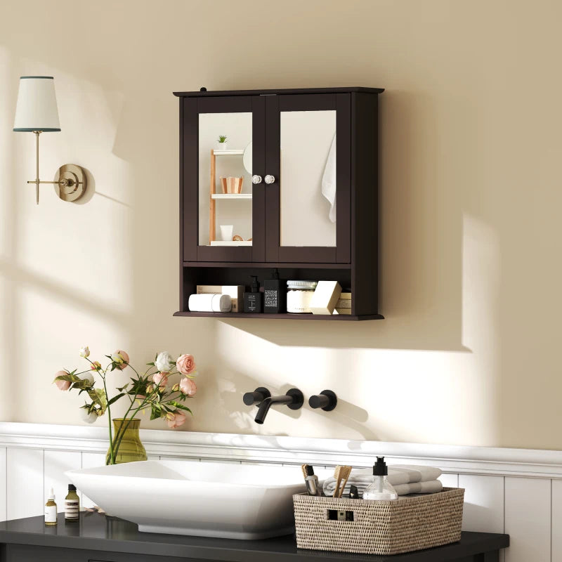 Medicine Cabinet, Wall-Mounted Bathroom Mirror Cabinet with Double Doors, Open Shelf, and Adjustable Shelf, Modern Bathroom Wall Cabinet, Dark Brown