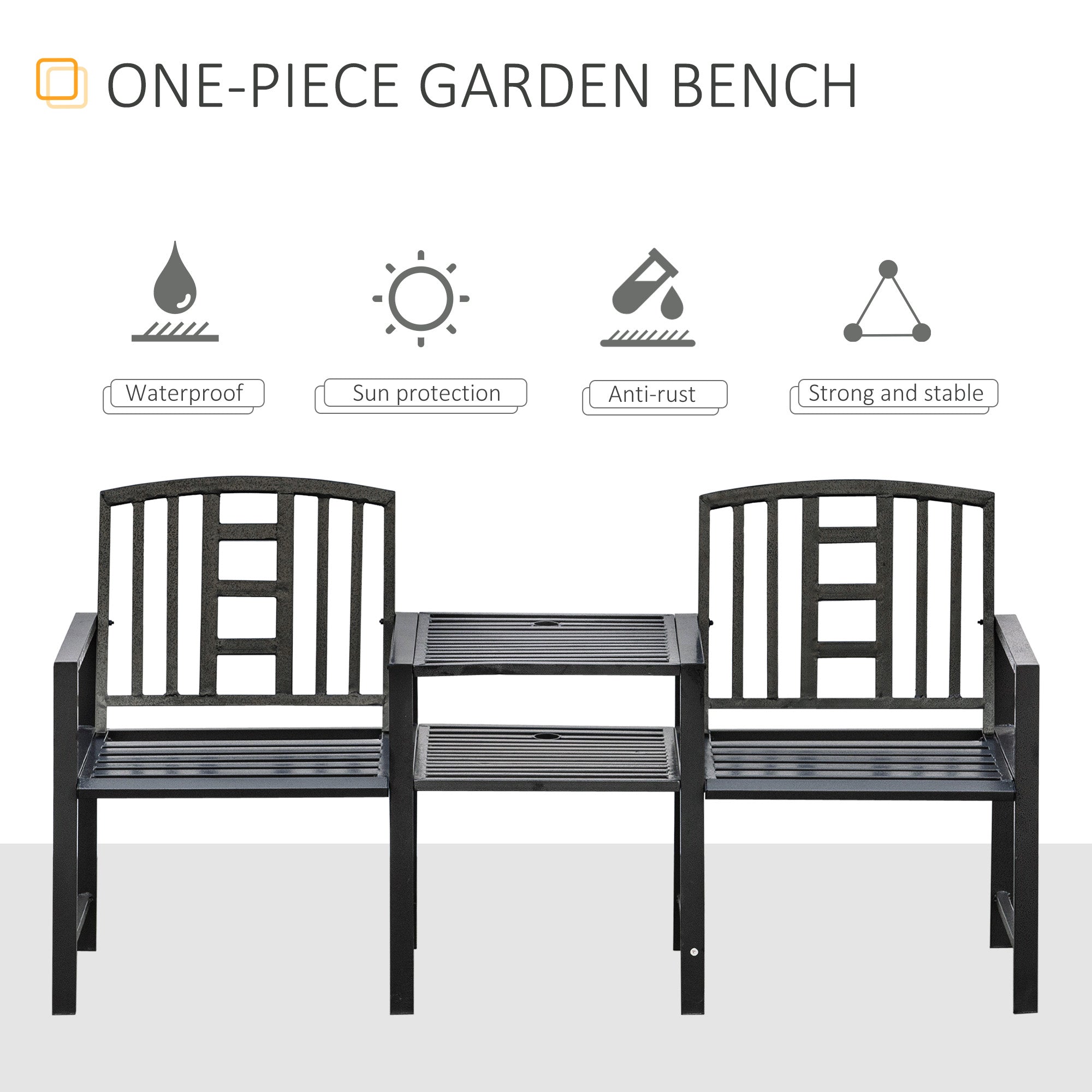 Outsunny Steel Garden Bench with Middle Table & Umbrella Hole, Double Seat, Weather-Resistant Frame for Outdoor, Patio, Black 