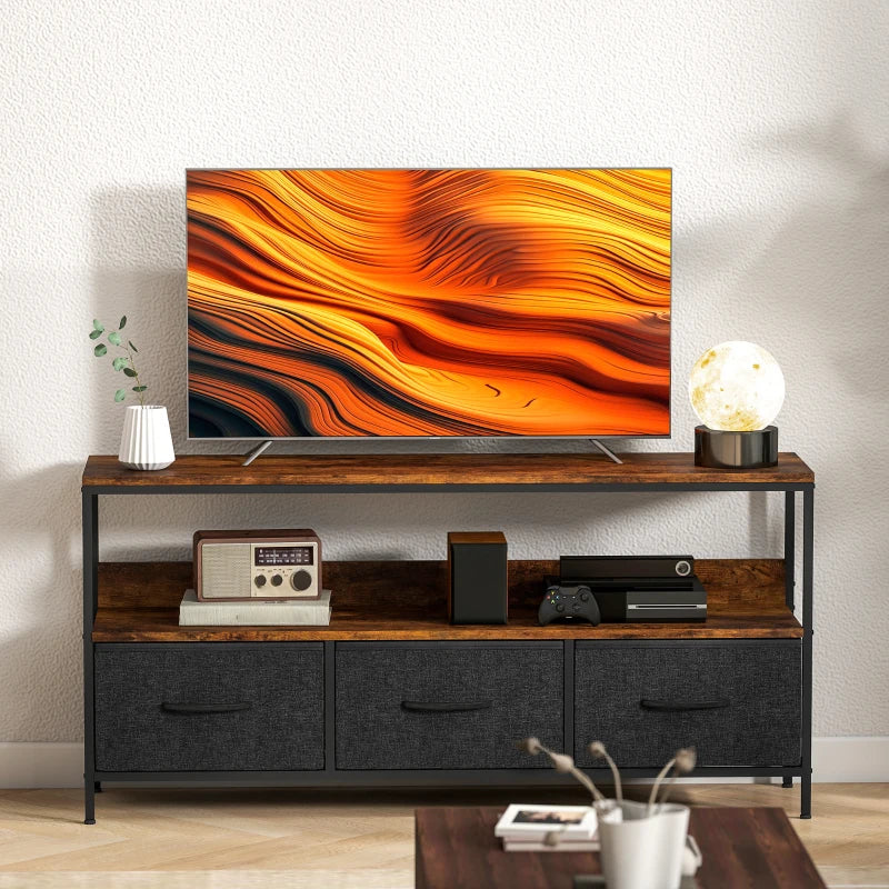 TV Stand with Charging Station, TV Table with 3 Foldable Linen Drawers and Open Shelf for 55 Inch Television, Rustic Brown