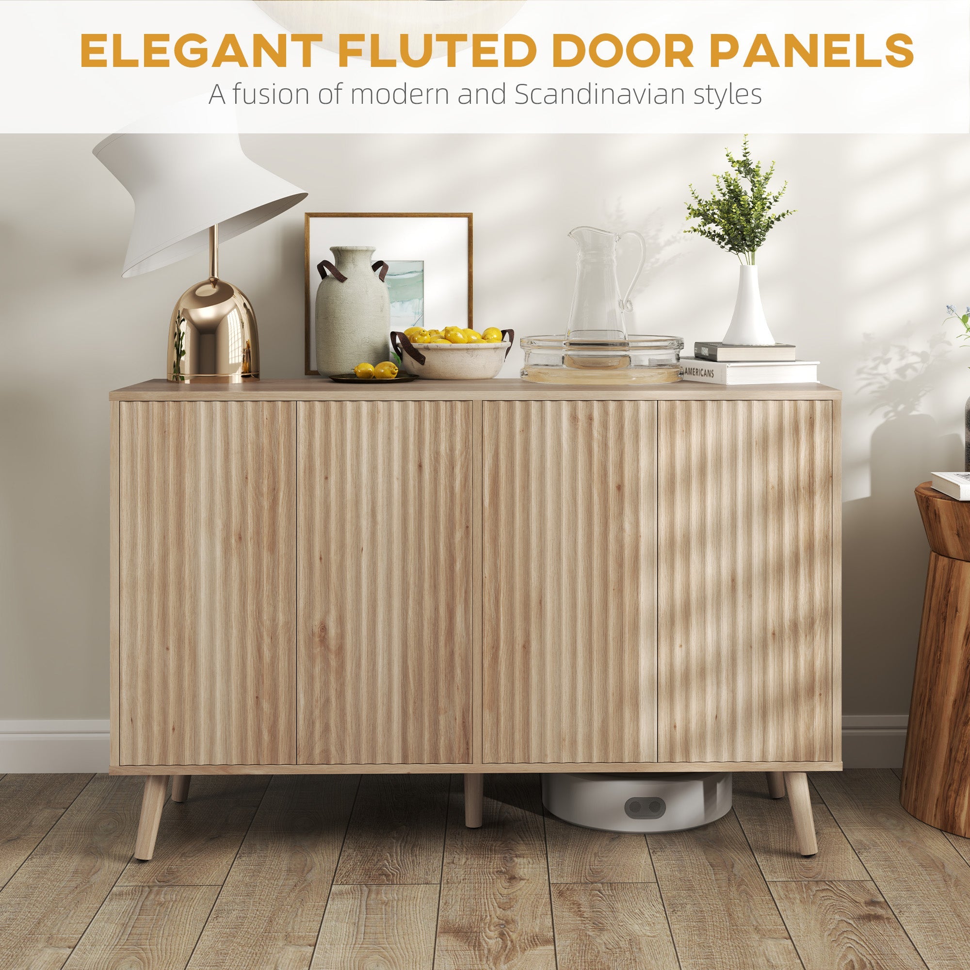 HOMCOM Buffet Cabinet with Storage Modern Fluted Sideboard with Adjustable Shelves Wood Legs for Dining Room Living Room Oak 