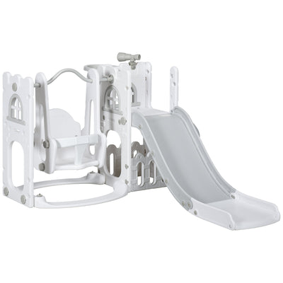 Qaba 6-in-1 Slide and Swing Set Baby Swing Playset Indoor with Basketball Hoop, Climber, Storage Space, Telescope, Grey 
