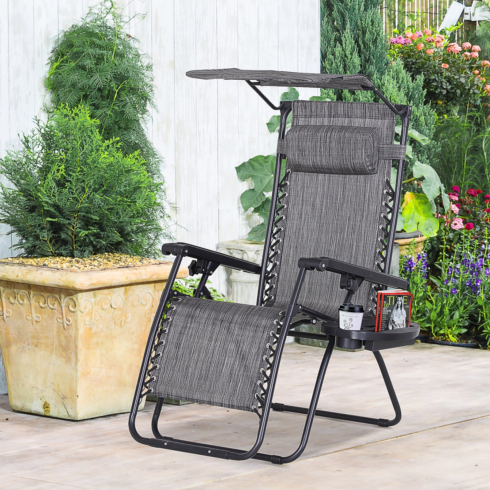 Outsunny Zero Gravity Outdoor Recliner Chair with Canopy Shade Cupholder Side Tray Dark Grey 
